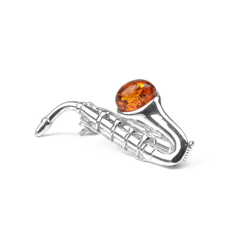 Unique Vintage Amber and Sterling silver Saxophone Brooch, genuine amber brooch, 2024 gift for him, gift for her, 029