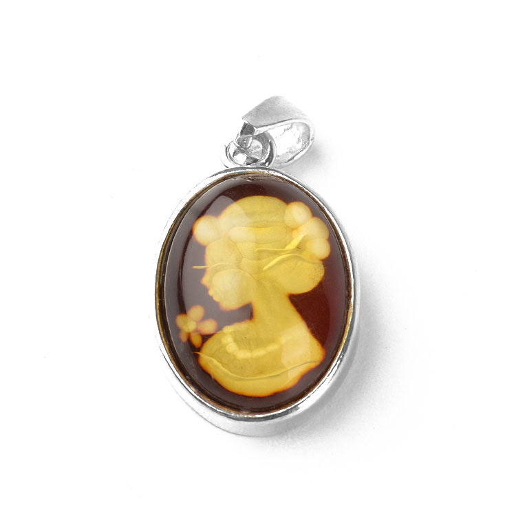 VINTAGE CARVED popular WOMAN IN HAT AMBER INTAGLIO STERLING SILVER PENDANT