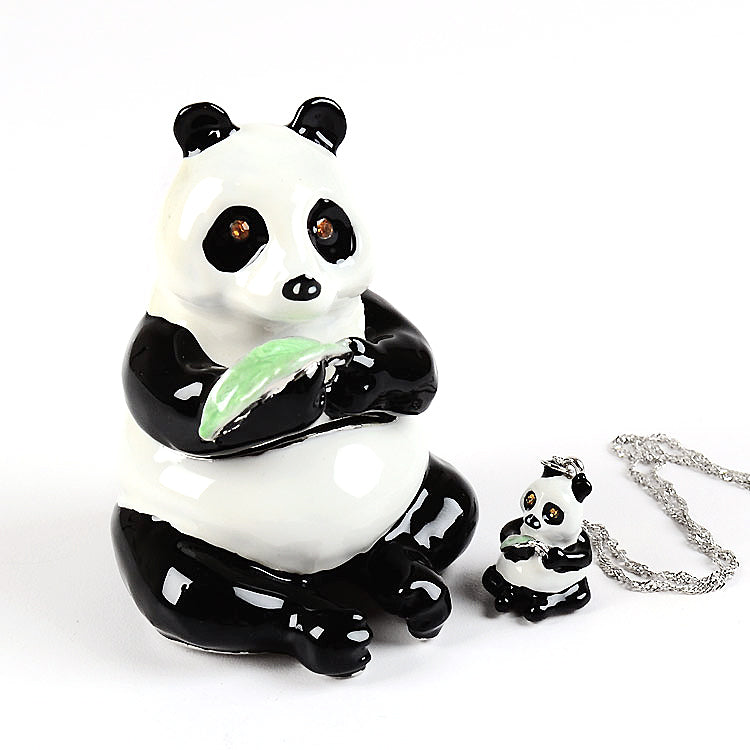 Panda Gift Pewter Ring Box Crystals Silver-tone Enameled Full Crystal Panda Bear Trinket popular Box with Matching 18 Inch Necklace