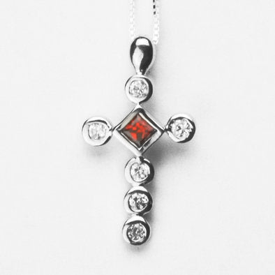 Ruby Simulated Cross Necklace with Rhodium Plating