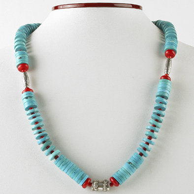 2024 authentic Kingman AZ turquoise with red coral beads,white howlite beads and oregon seashell skeleton.Turquoise