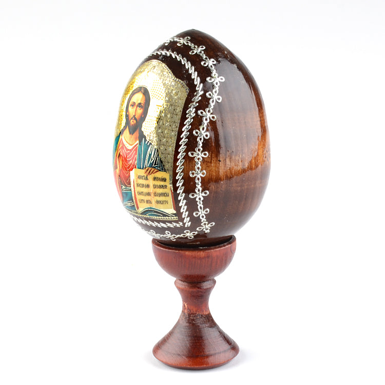 Mary and Jesus Large Wooden Hand Painted Icon Easter Egg オブジェ、置き物